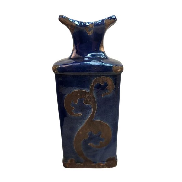 Blue & Black Rectangular Ceramic Vase With Decorative Scroll Design - Picture 6 of 7